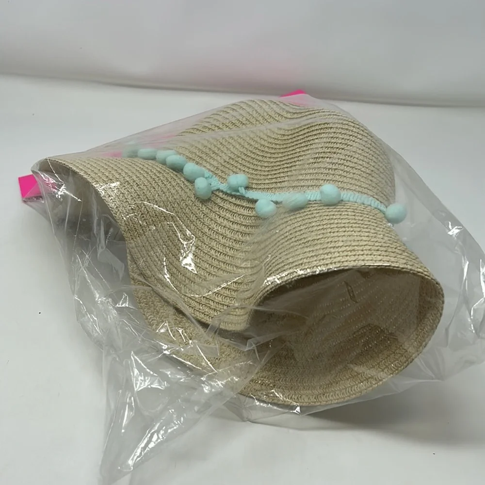 Betsey Johnson Girl’s Straw Blue Pom Pom Detail Summer Beach Hat